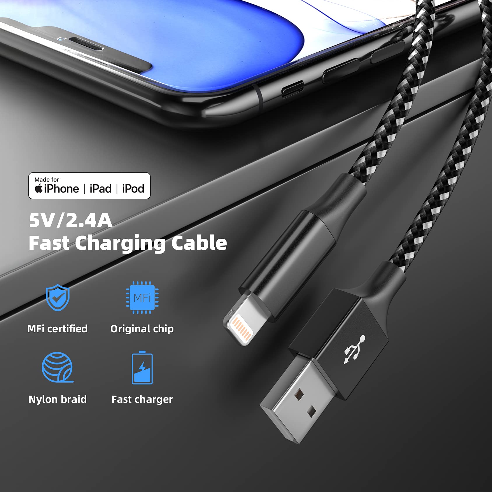 iPhone Charger Fast Charging Cord 3 Pack 10 FT Apple MFi Certified Lightning Cable Nylon Braided iPhone Charger Cord Compatible with iPhone 13 12 11 Pro Max XR XS X 8 7 6 Plus SE iPad and More