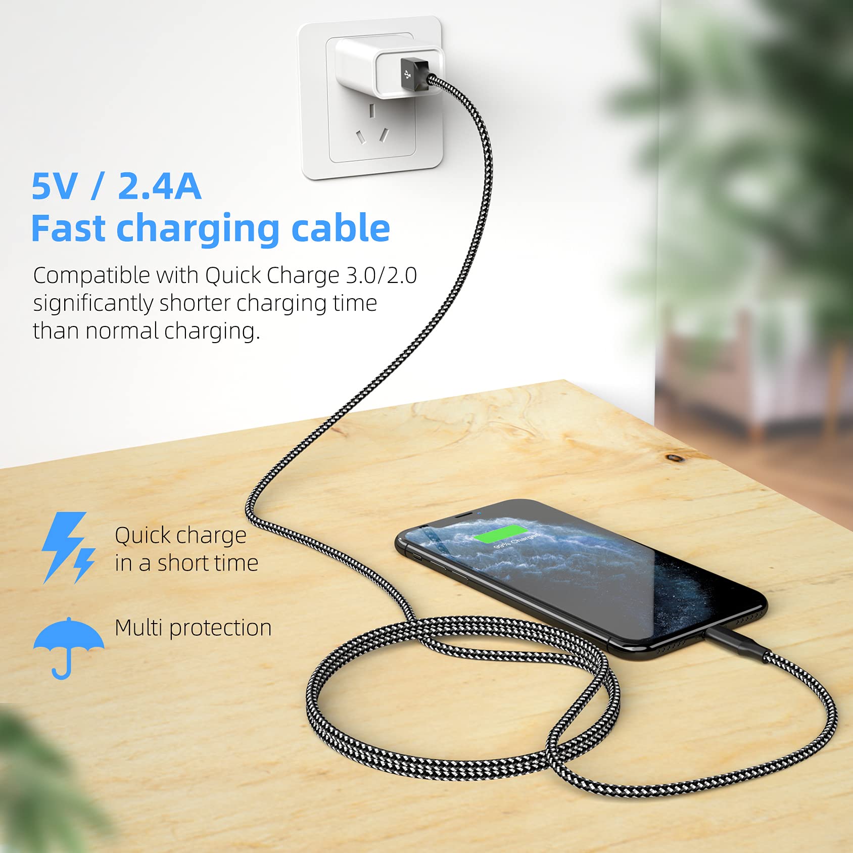 iPhone Charger Fast Charging Cord 3 Pack 10 FT Apple MFi Certified Lightning Cable Nylon Braided iPhone Charger Cord Compatible with iPhone 13 12 11 Pro Max XR XS X 8 7 6 Plus SE iPad and More